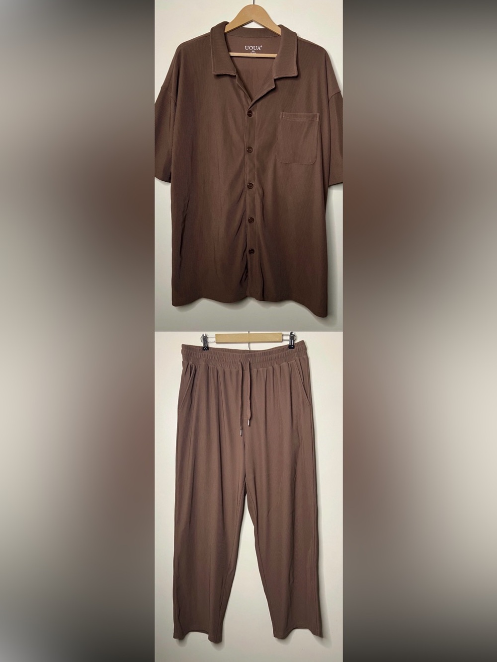 UOUA Brown Textured 2 Piece Set Button Shirt Loose Pants Size XL